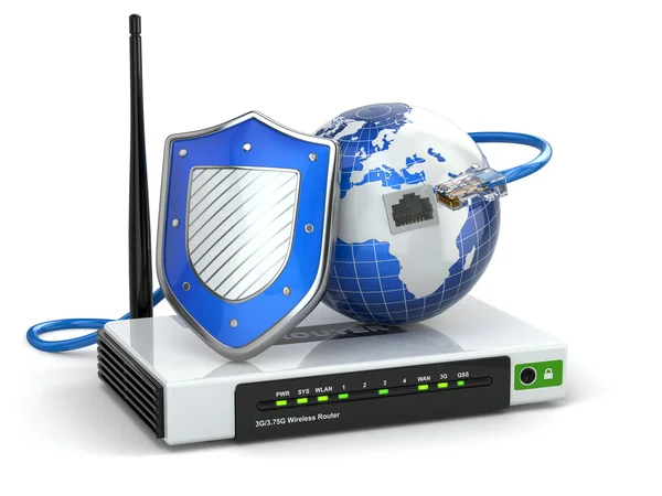 Seguridad en Internet. Router con escudo y tierra . —  Fotos de Stock