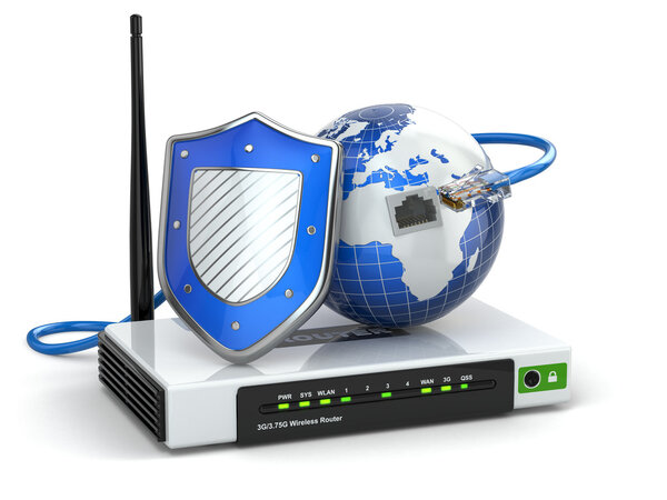 Internet security. Router with shield and earth.
