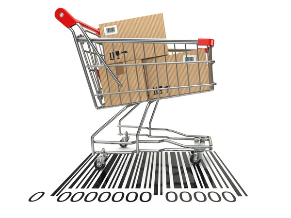 Shopping cart with purchases on bar code. — Stock Photo, Image