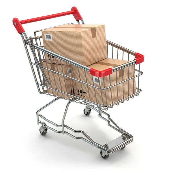 Shopping cart with boxes on white isolated background — Stock Photo, Image