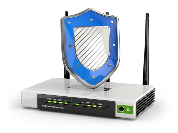 Ασφάλεια στο Διαδίκτυο. router με ασπίδα. — Φωτογραφία Αρχείου