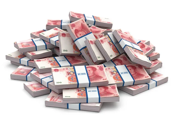 Uma pilha de pacotes de yuan. Lotes de dinheiro em dinheiro . — Fotografia de Stock