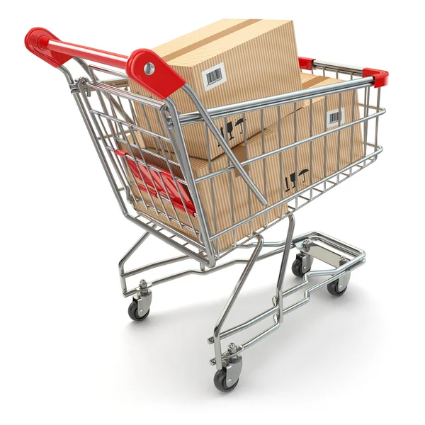 Shopping cart with boxes on white isolated background — Stock Photo, Image