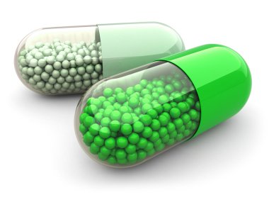 Green pills and drugs on white isolated background. Medical conc clipart