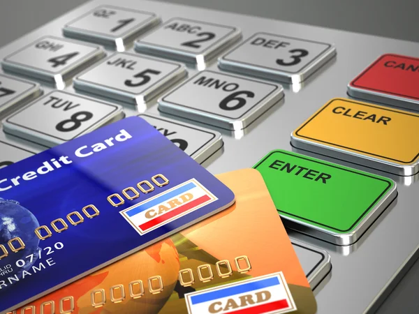 Teclado del cajero automático con tarjetas de crédito . —  Fotos de Stock