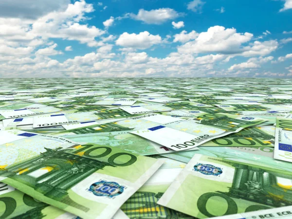 Een heleboel eurobankbiljetten en hemel. — Stockfoto