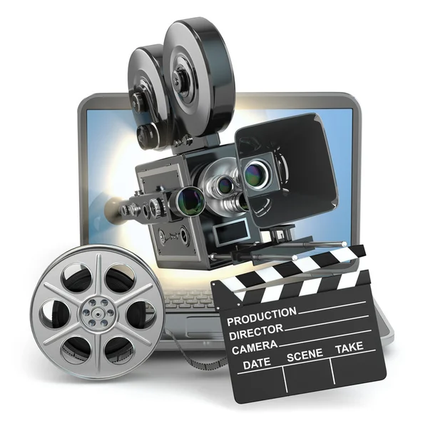 Video concept. Camera on  laptop, still reels and clapboard. — Stock Photo, Image