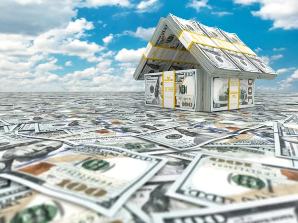 Bank. Haus aus Dollarpackung auf Wolkendecke. — Stockfoto