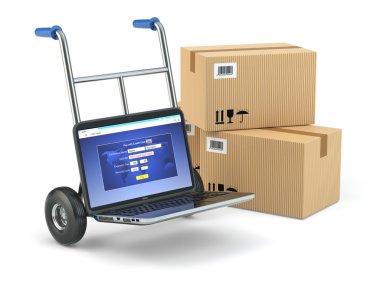 Online Teslimat kavramı. el arabası ve kutuları olarak laptop.