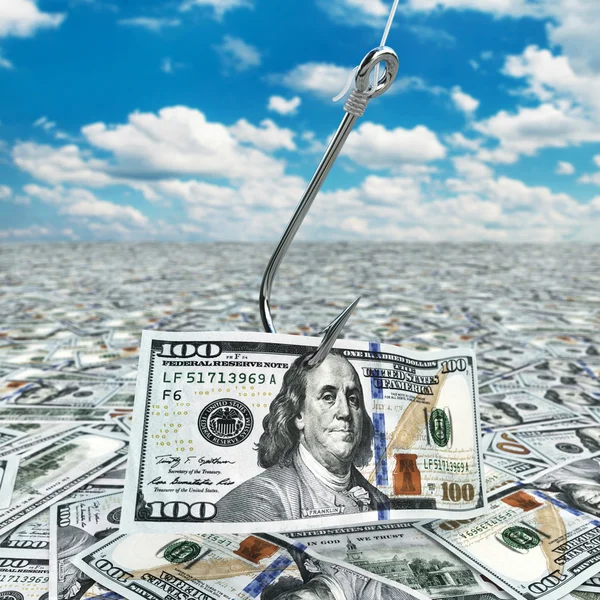Dollar and fish-hook on cloudscape. Financial concept.. — Stock Photo, Image