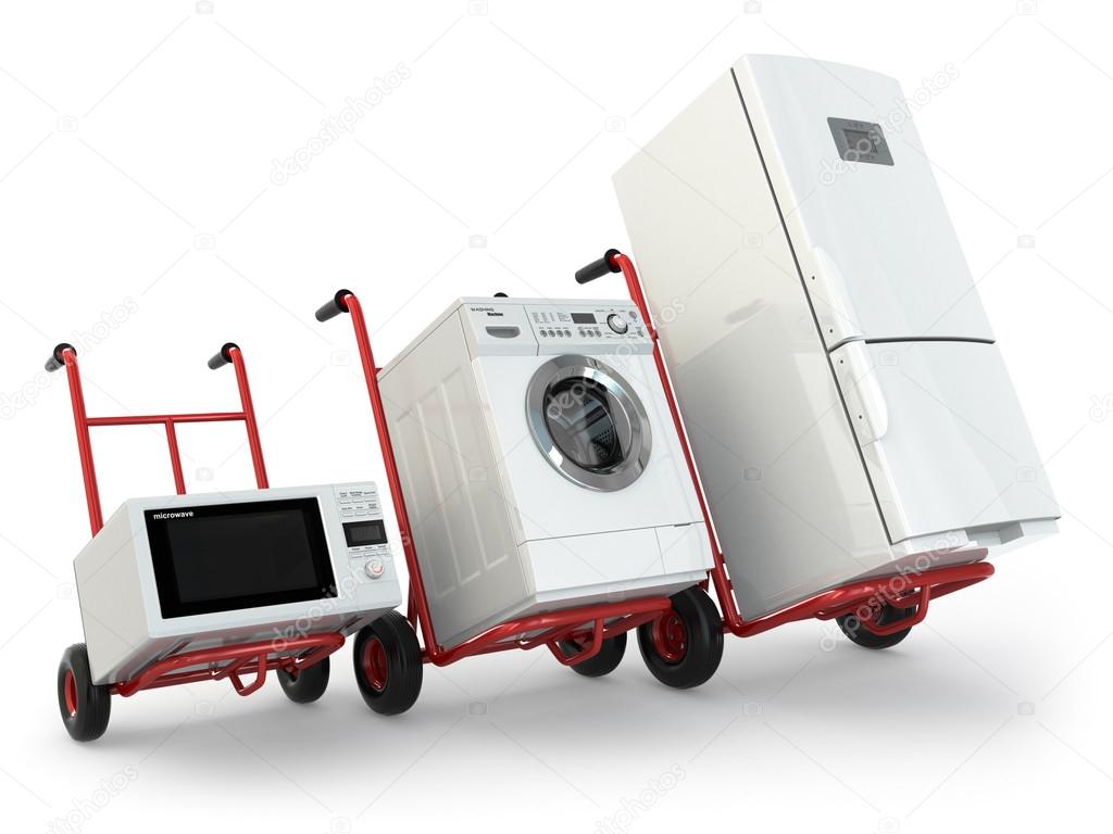 Appliance delivery. Hand truck, fridge, washing machine and micr