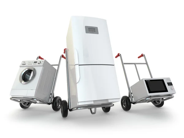 Appliance delivery. Hand truck, fridge, washing machine and micr — Stock Photo, Image