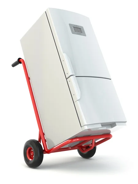 Appliance delivery. Hand truck and fridge. — Stock Photo, Image