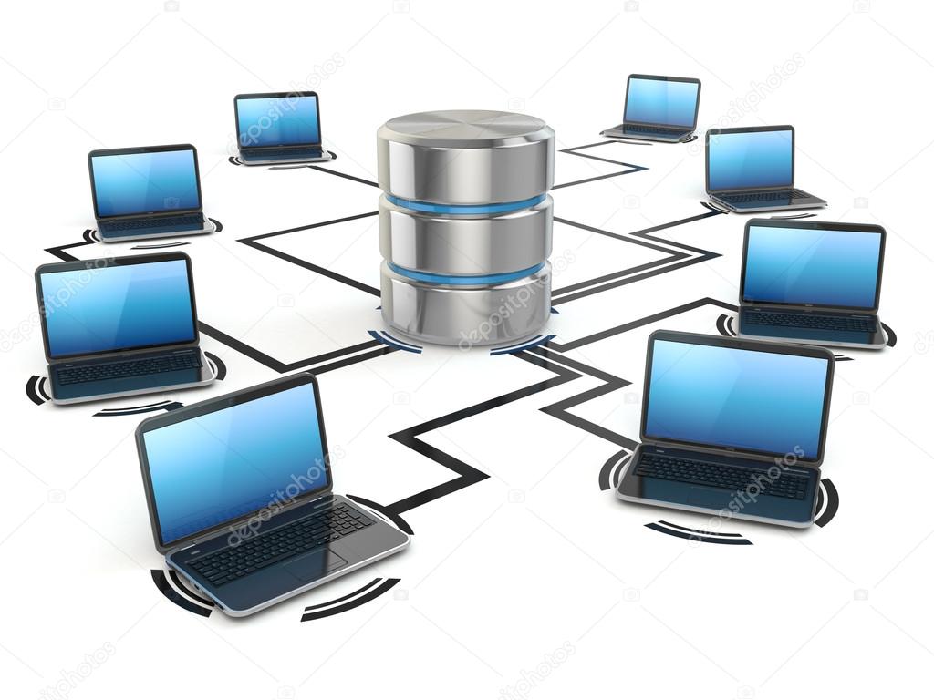 Database storage and laptops. Networking concept