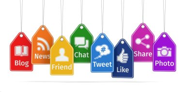 Labels with social media icons. Concept. clipart