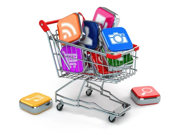 Apps icons in shopping cart. Store of  computer software. — Stock Photo, Image