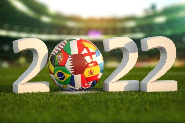 Katar 'da 2022 Dünya Futbol Şampiyonası. Futbol stadyumunun çimlerinde dünya ülkelerinin bayraklarıyla futbol topu. - Evet. 3d illüstrasyon