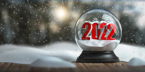 Happy New 2022 Year Snowball Witn 2022 Wooden Table Forest — Stock Photo, Image