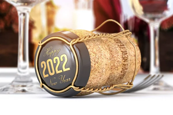 2022 Feliz Año Nuevo Champaign Tapón Corcho Con Mesa Festiva — Foto de Stock