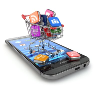 Mobil yazılım deposu. alışveriş sepeti içinde smartphone apps simgeler