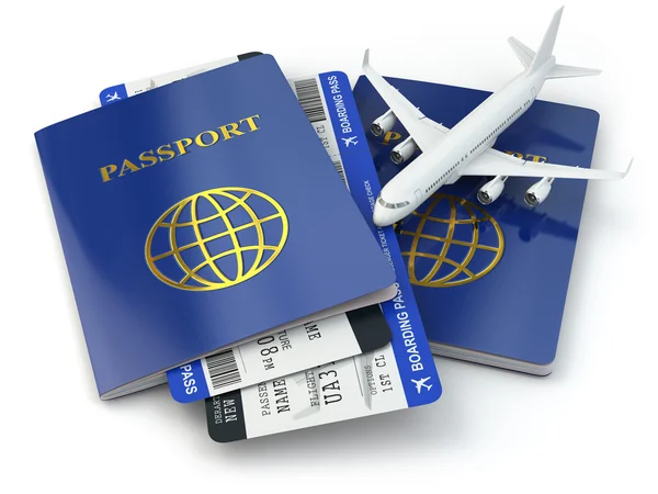 Travel concept. Passports, airline tickets and airplane. — Stock Photo, Image