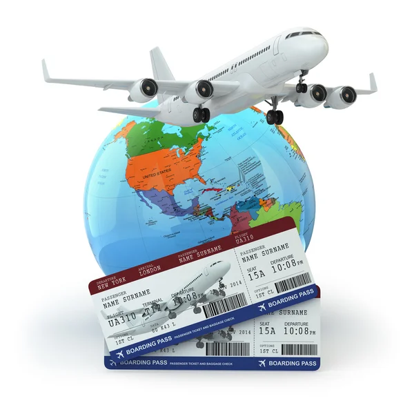 Reisekonzept. Flugzeug, Erde und Tickets. — Stockfoto