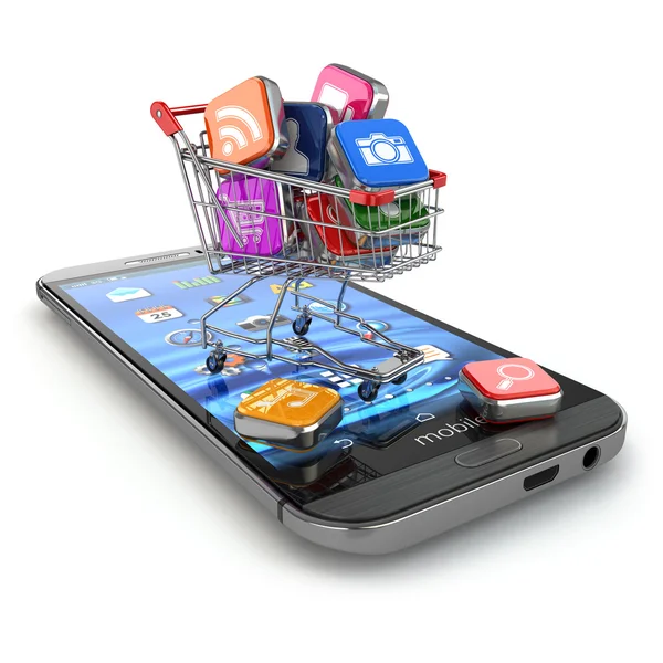 Store of mobile software. Smartphone apps icons in shopping cart — Stock Photo, Image