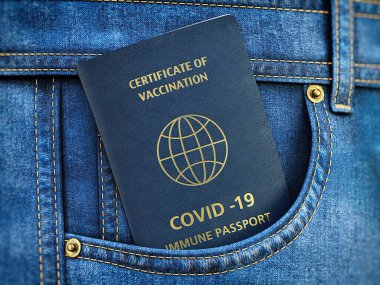 Aşı sertifikası, kot pantolon cebinde covid 19 bağışıklık pasaportu. 3d illüstrasyon