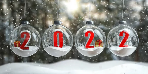 2022 Новым Годом Номера 2022 Рождественскими Деревьями Подарками Снежинками Стеклянных — стоковое фото