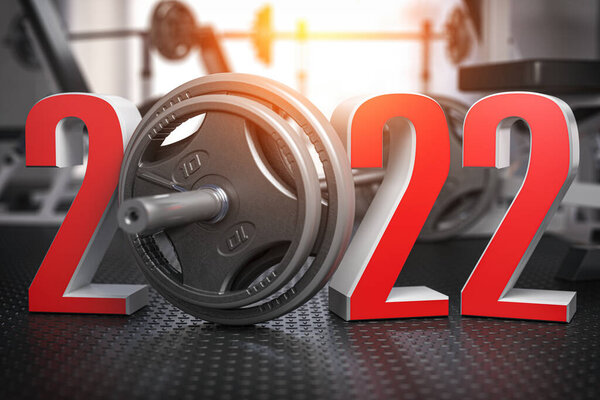 2022 Happy New Year  in fitness bodybuilding workout gym. Number 2022 with barbell and oter spoirt equipment. 3d illustration 