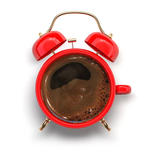 目覚まし時計付きの赤いコーヒーカップ コーヒーの時間と目覚めの概念 3Dイラスト — ストック写真