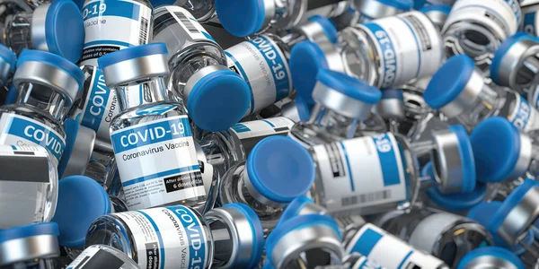 Covid 19コロナウイルスワクチンボトルヒープ 3Dイラスト — ストック写真