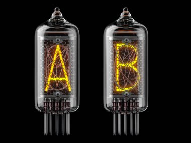 Nixie tüp göstergesi. Siyah arka planda A ve B harfleri. 3d illüstrasyon