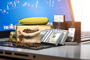 Dizüstü bilgisayardaki eşyalar. Bilgisayar ekranında borsa ticaret platformu var. 3d illüstrasyon