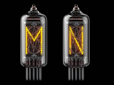 Nixie tüp göstergesi. Siyah arka planda m ve n harfleri. 3d illüstrasyon