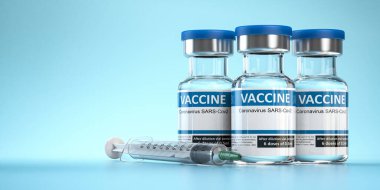 Covid 19 Coronavirus aşı şişesi ve mavi arka planda şırınga. 3d illüstrasyon