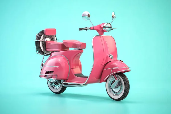 ピンクのヴィンテージスクーター モーターバイクや青の背景にモップ 3Dイラスト — ストック写真