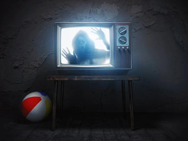 恐怖片的概念 鬼屋老式电视机屏幕上的鬼影轮廓 3D说明 — 图库照片