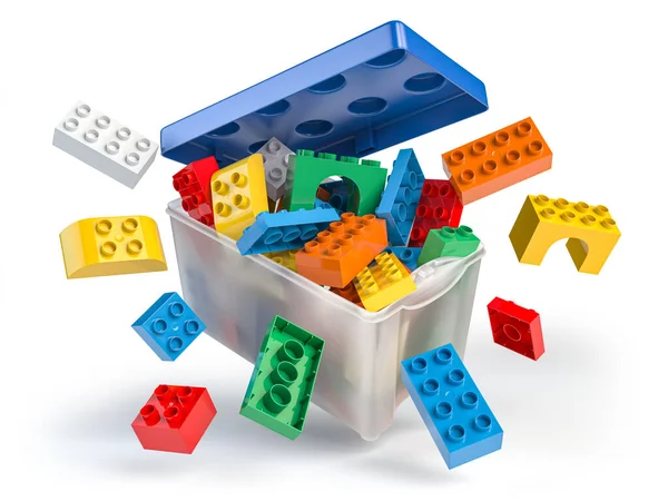 Box Full Colorful Toy Plastic Bricks Blocks Isolated White Delivery — Stock Photo, Image