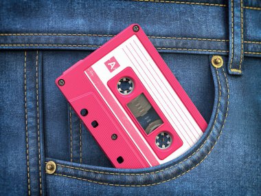 Cep pantolonu içinde klasik pembe ses kaseti. Retro müzik teknolojisi konsepti. 3d illüstrasyon