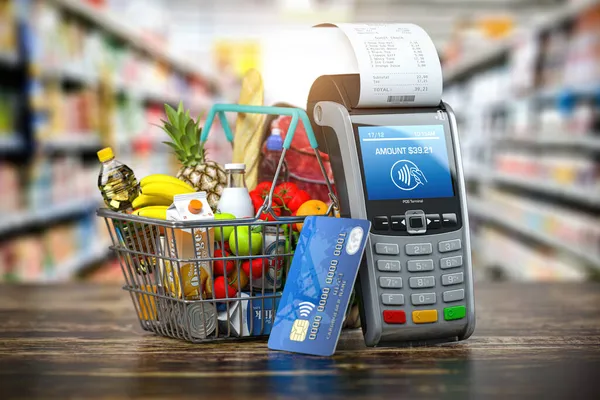 Comprando Comida Bebida Online Cesta Compras Com Comida Terminal Pos — Fotografia de Stock