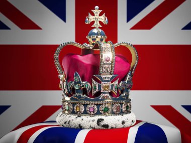Birleşik Krallık bayrak arka planında kraliyet devlet tacı. Büyük Britanya Birleşik Krallık monarşisinin sembolleri. 3d illüstrasyon