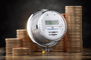 Elektrik sayacı ve bozuk para yığınları. Elektrik tüketiminin büyümesi, fiyat ve enerji maliyetleri kavramı. 3d illüstrasyon