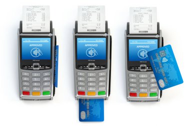 Farklı tipte kredi kartı kullanan POS terminali beyaz üzerinde izole edilmiş. 3d illüstrasyon