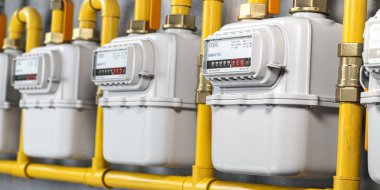 Doğal gaz sayaçları üst üste. Ev enerjisi tüketimi. 3d illüstrasyon