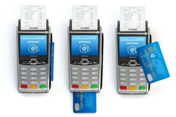 白で隔離された使用の異なるタイプのクレジットカードでPos端末 3Dイラスト — ストック写真