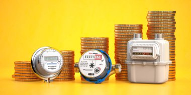 Kamu hizmeti ödeme konsepti. Kamu hizmetinin maliyetlerinin artması. Gaz, su sayacına elektrik ve bozuk para yığını. 3d illüstrasyon