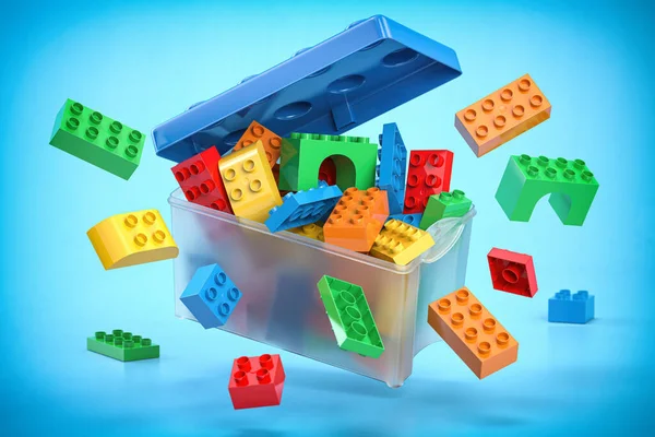 Box Full Colorful Toy Plastic Bricks Blocks Blue Background Delivery — Stock Photo, Image