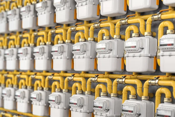列に天然ガスメーター 家庭用エネルギー消費 3Dイラスト — ストック写真