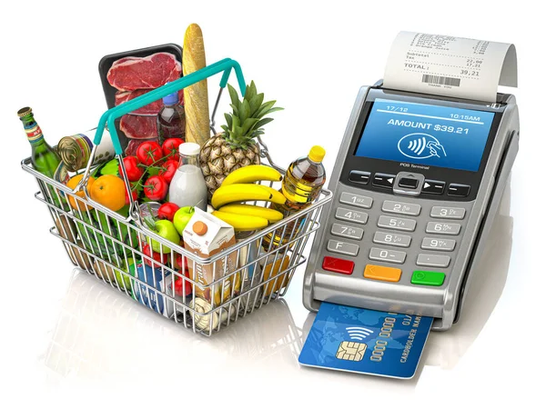 Essen Und Trinken Kaufen Warenkorb Mit Lebensmitteln Und Pos Terminal — Stockfoto